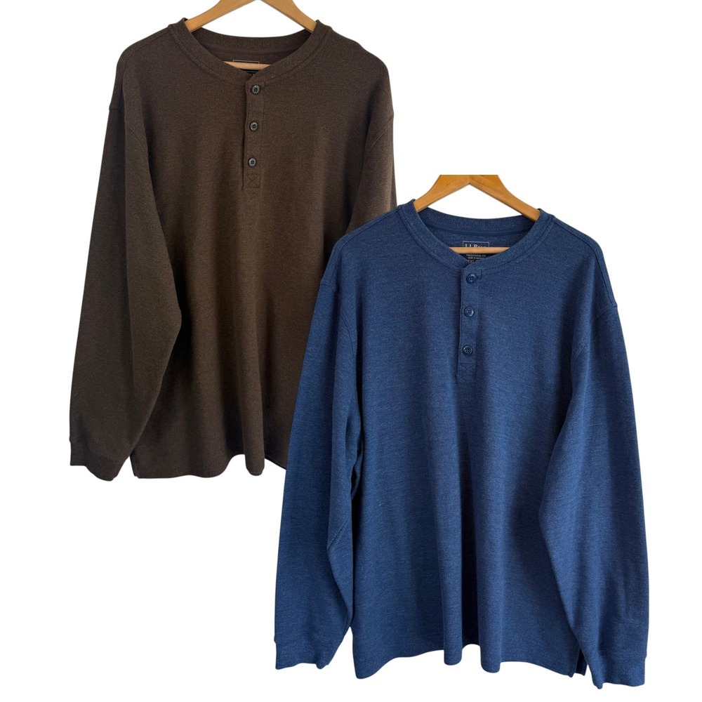 L.L.Bean 2 Pack Waffle Knit Henley Shirts XXL Traditional Fit Cotton Blue‎ Brown